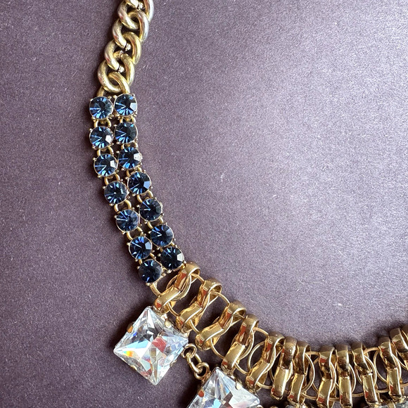 VTG Anne Taylor Chunky Gold Tone Necklace Blue Rhinestone Bib Statement Formal - Picture 3 of 8